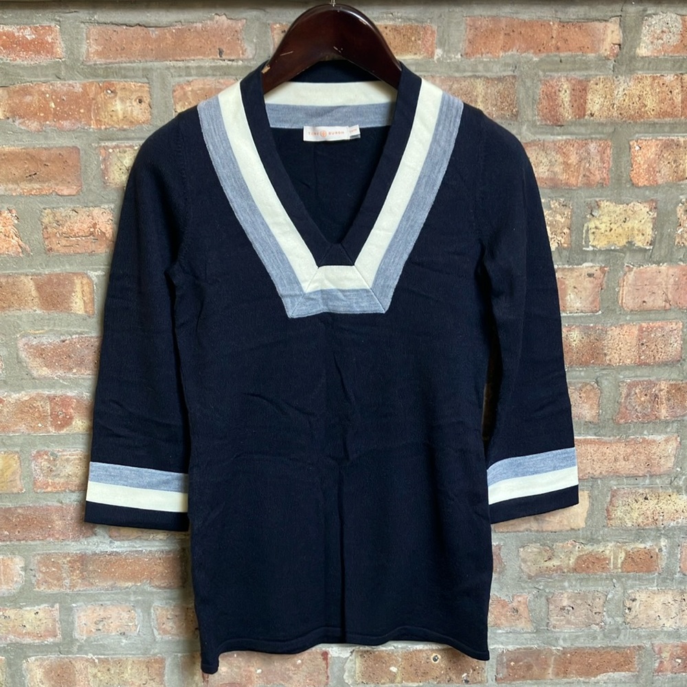 Tory Burch Cicada Merino Wool Striped Tunic Sweater